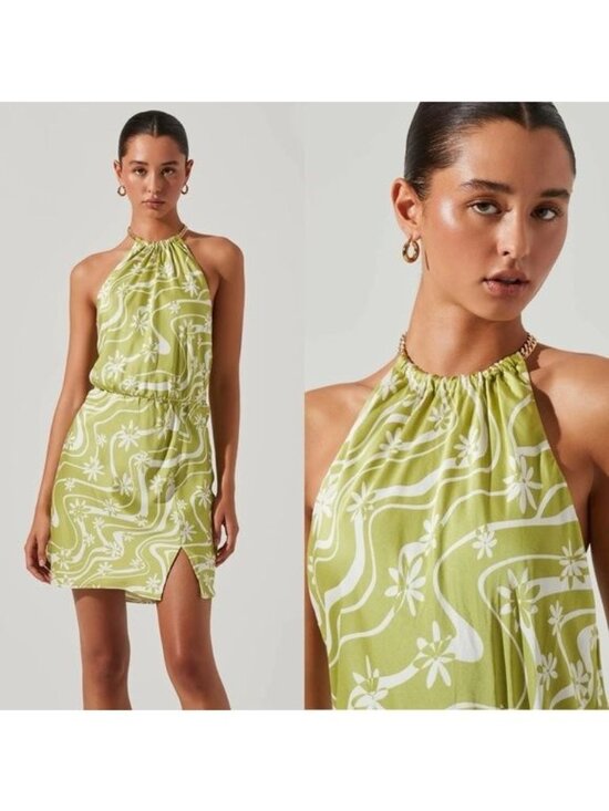 NEW ASTR The Label Quinta Retro Halter Chain Mini Dress M Celery Floral Mabel - Picture 2 of 11